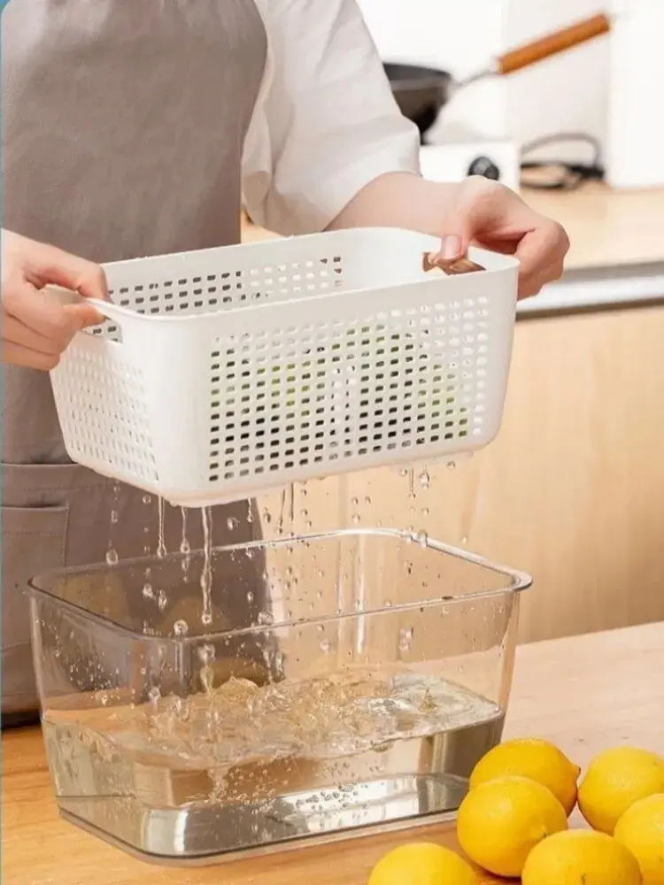 1pc Refrigerator Crisper Drain Basket Kitchen Vegetable Washing Basket with Filtered Water Double Layer Drain Basket