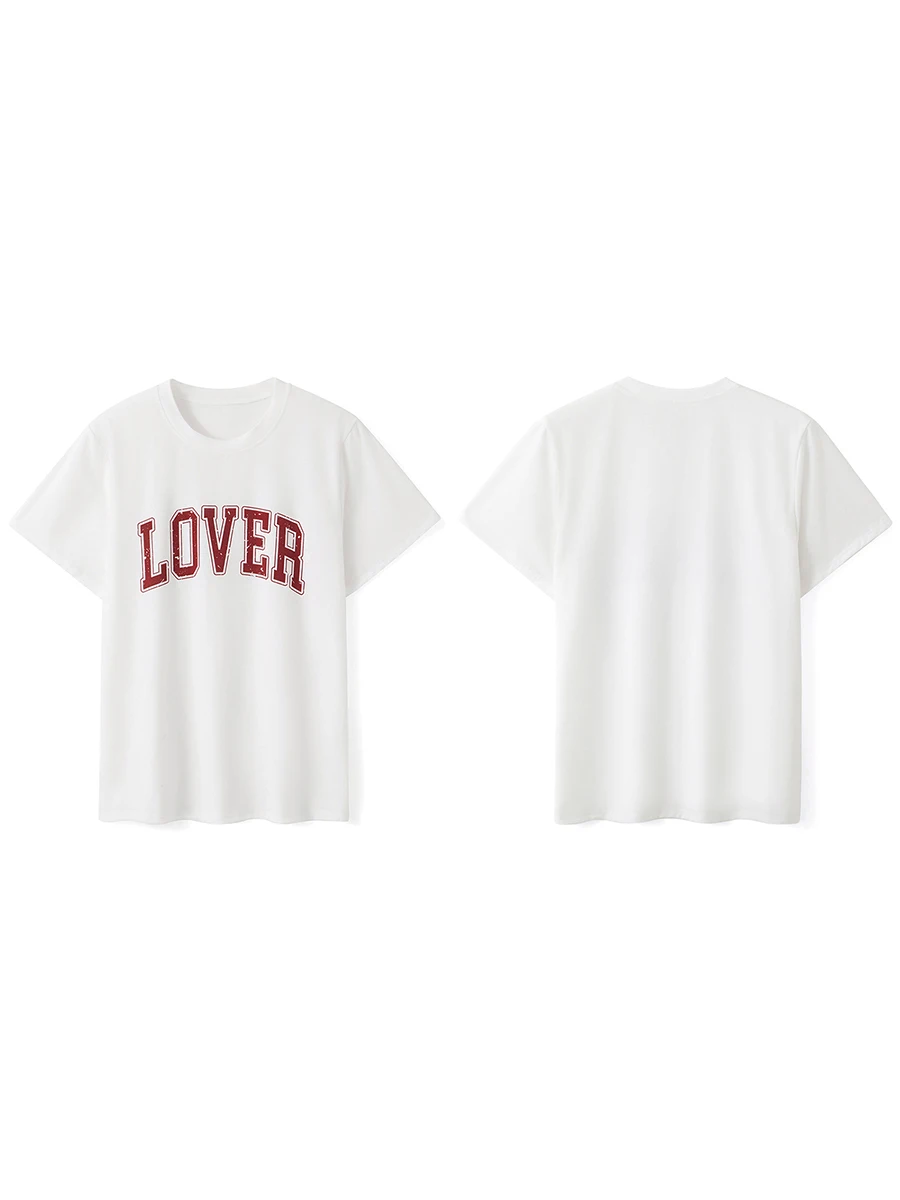 Women's Valentine's Day T-Shirts Lover Letter Print Casual Loose Short Sleeve Round Neck Oversized Tops Punk Tee for Streetwear