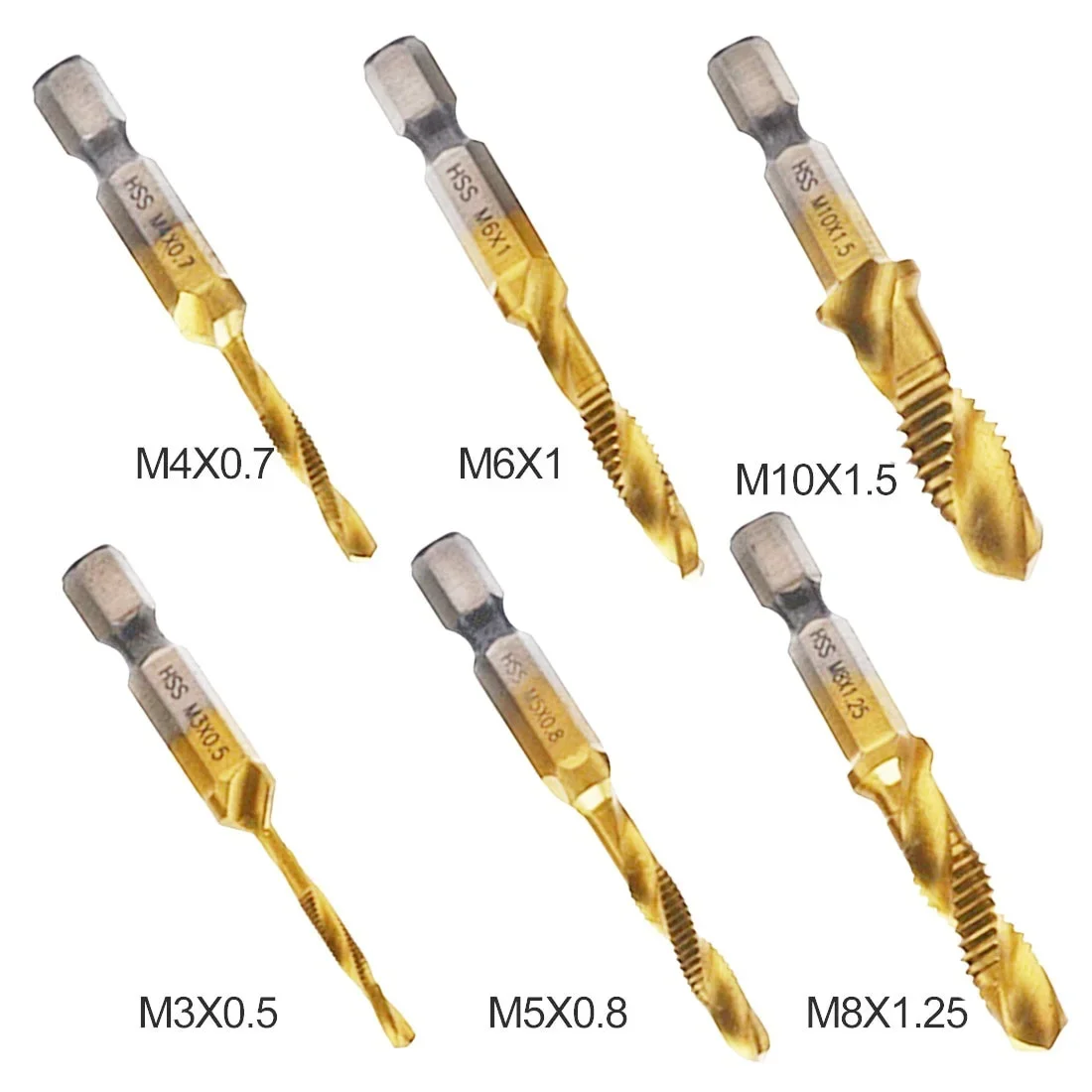 HSS Thread Spiral Screw Metric Composite Tap Drill Bit 6pcs 1/4 Hex Shank  M3 M4 M5 M6 M8 M10 Woodworking Tool