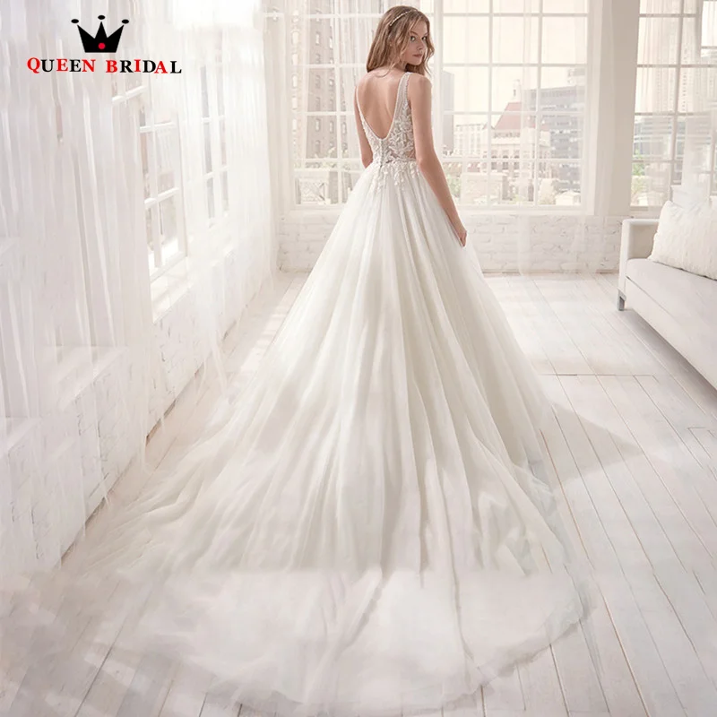 Luxury Wedding Dress Elegant A-LINE V-neck Lace Appliques Wedding Gowns Button Back White Vestido De Noiva Custom Made TH11M