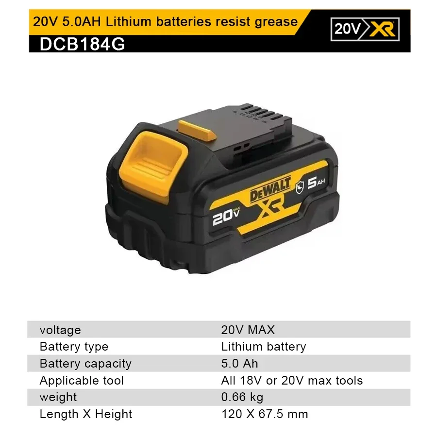 DEWALT DCB184G Original Battery 20V 5.0AH Rechargeable Lithium Battery Oil-resistant and Anti-corrosion Power Tool Accessory