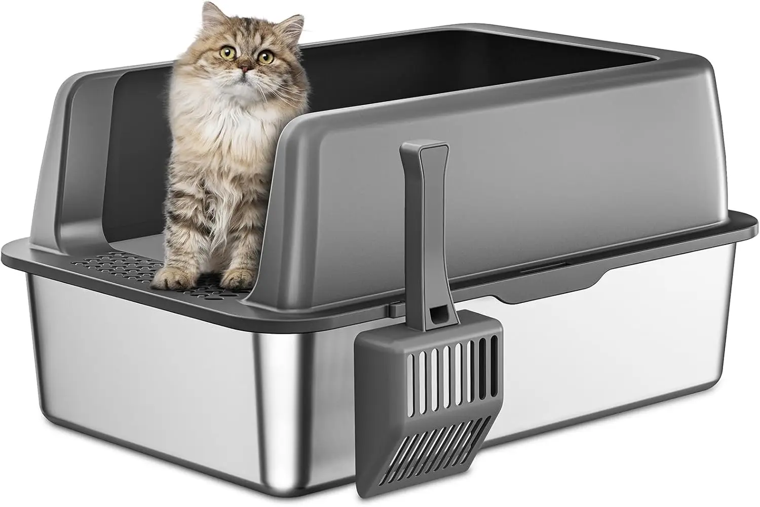 

Extra Large Stainless Steel Cat Litter Box with Lid, High Sided for Big Cats, Easy Clean Non-Sticky Anti-Leak Grey