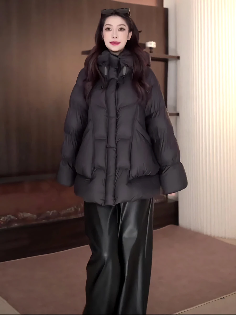 

Women's Thiened White Du down Puffer Jaet Winter 2025 New Sle Cloud Foam Hat Design Warm Coat Sweet Sle Regular Length