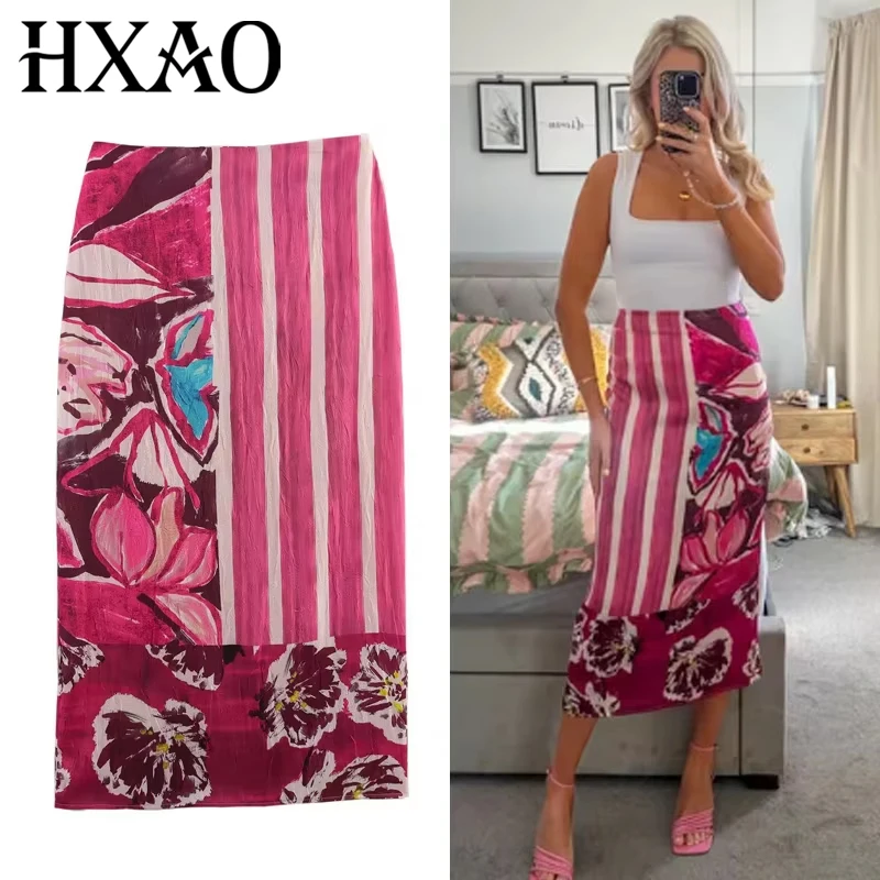 

HXAO женская атласная юбка с принтом, лето 2025, женская винтажная длинная юбка с высокой талией, миди-карандаш, юбка с запахом и цветочным принтом, повседневные юбки