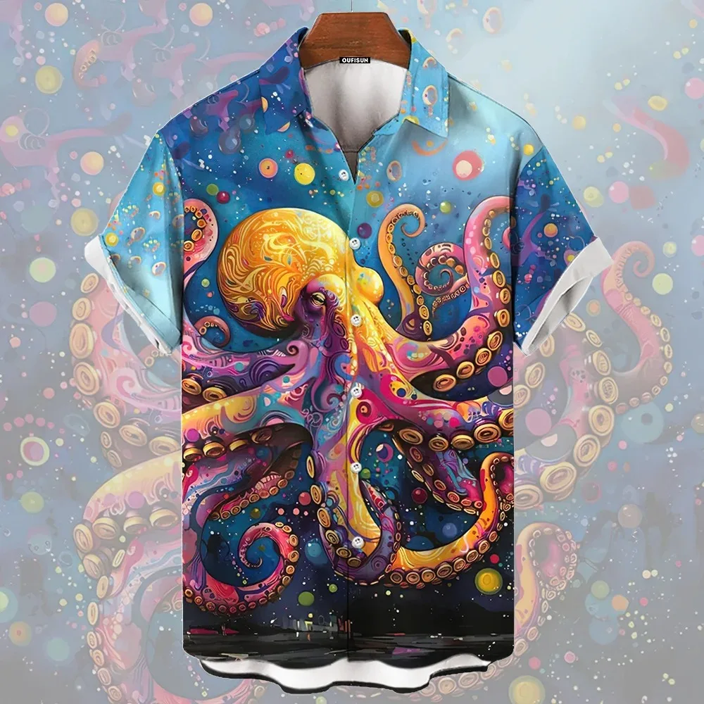 Hot selling high-definition 3D animal shark octopus print men's Hawaiian shirt fashion button short sleeved 2024