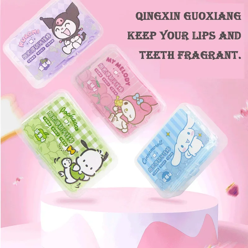 

Cute Melody Kuromi Fine Elastic Tough Fruity Dental Floss Stick Ultra-Fine Lovely Portable Toothpicks 50 A Box of Small Gifts