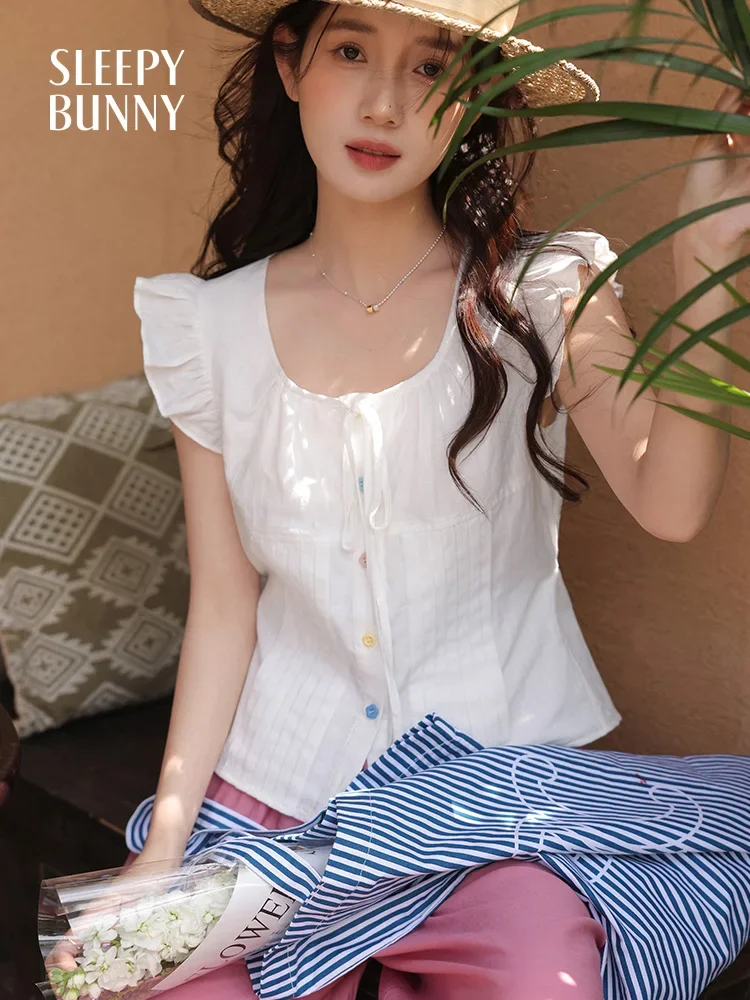

Sweet White Ruffle Sleeve Square Neck Blouse Women Summer Button Front Tie Waist Top Cute Slim Fit Lightweight Shirt Daily Wear