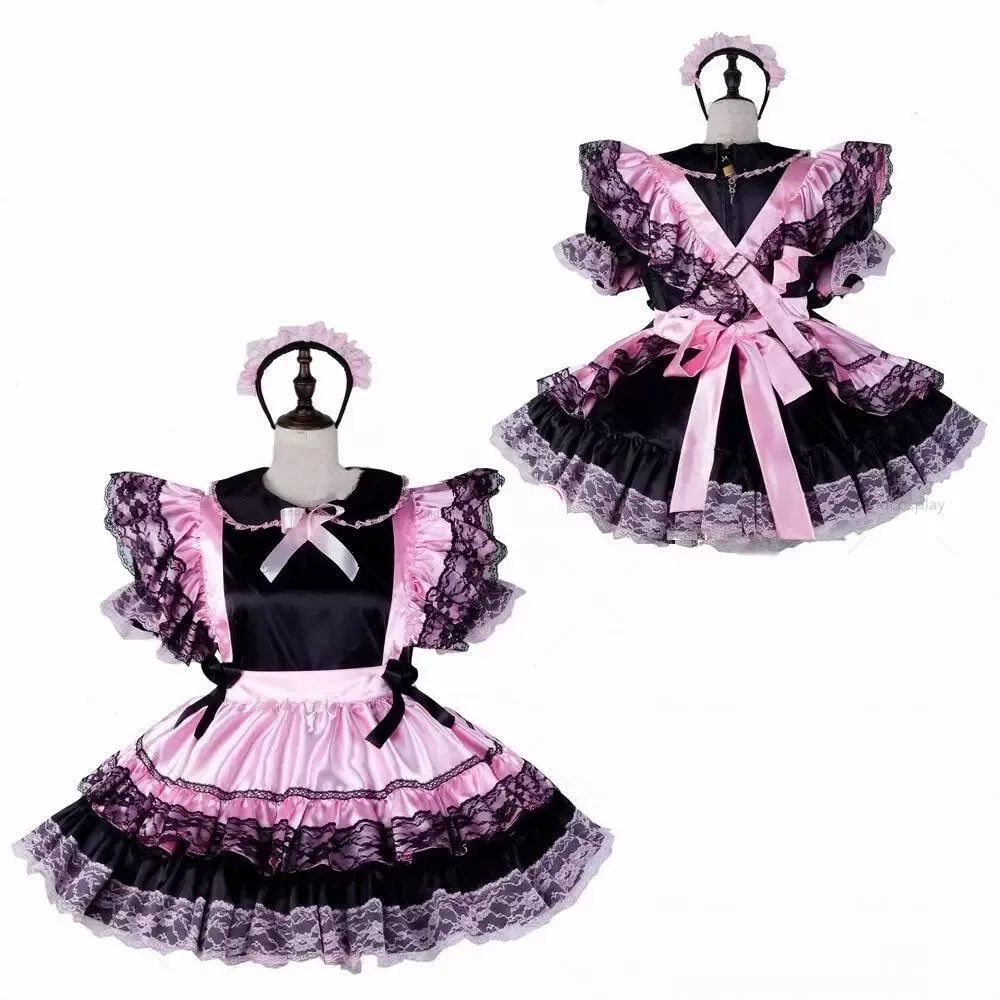 

Sexy sissy French maid black satin lockable lace ruffled dress maid cosplay costume customizable