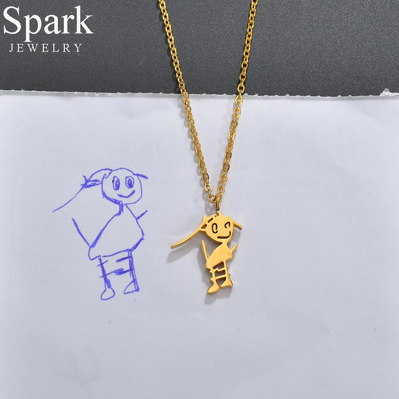 Spark Stainless Steel Customized Children's Drawing Self-Portrait Necklace Bracelet Gold Color LOGO Design Birthday Jewelry Gift