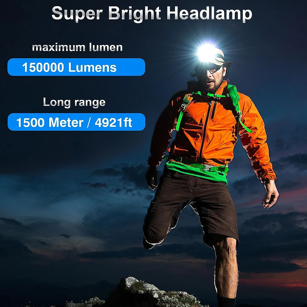 10000mah High Lumens LED Headlamp 800W IR Sensor Headlight Flashlight Zoom Waterproof Head Lamp for Camping, Hunting 8500 Meters