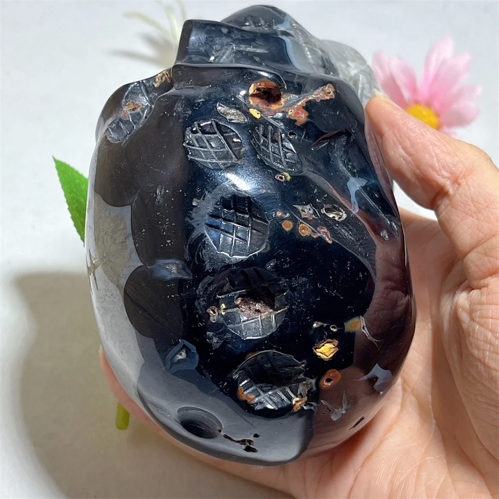 Black Agate Clear Quartz Skull Crystal Natural Stone Raw Druzy Energy Stone Mineral Specimen Feng Shui Room Ornaments