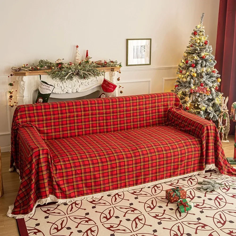 1PC New Christmas Plaid Sofa Towel American Retro Multi-purpose Blanket Non-slip Full Cover Fabric Towel Simple and Fashionable