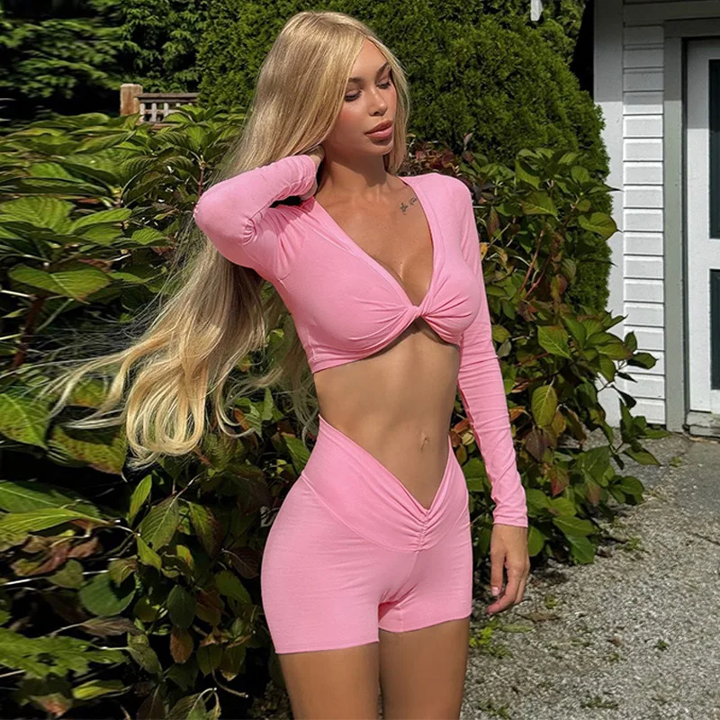 

Tsiisd Sports Style Pink 2 Piece-Set Shorts Women's Long Sleeve V-Neck Crop Top And Slim High Waist Shorts Female Outfits New
