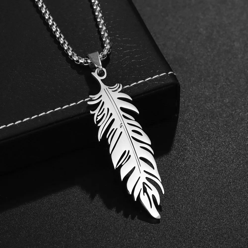 Trend Stainless Steel Feather Pendant Necklace Charm Men\'s Necklace New Fashion Hip Hop Punk Jewelry Accessories Gift Wholesale