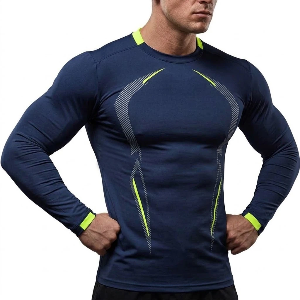 Herren-Langarmshirt, schnelltrocknend, sportlich, für Fitnessstudio, Workout, eng anliegend, schmal geschnitten, atmungsaktiv, für Bodybuilding und Sport. – Detail 11