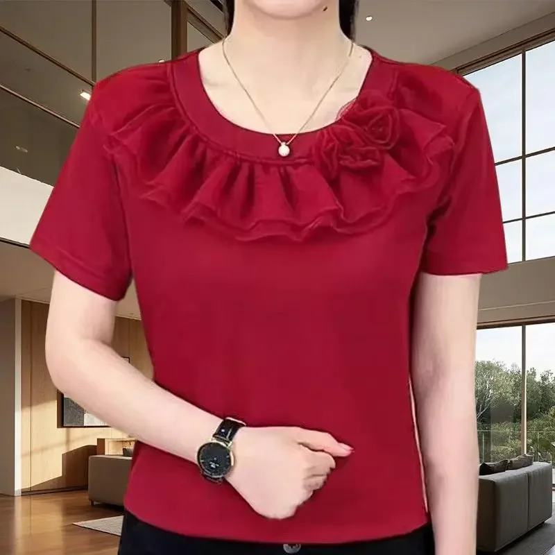 

Новая летняя модная футболка с круглым вырезом и цветочным принтом с короткими рукавами, высококачественный модный и универсальный однотонный топ