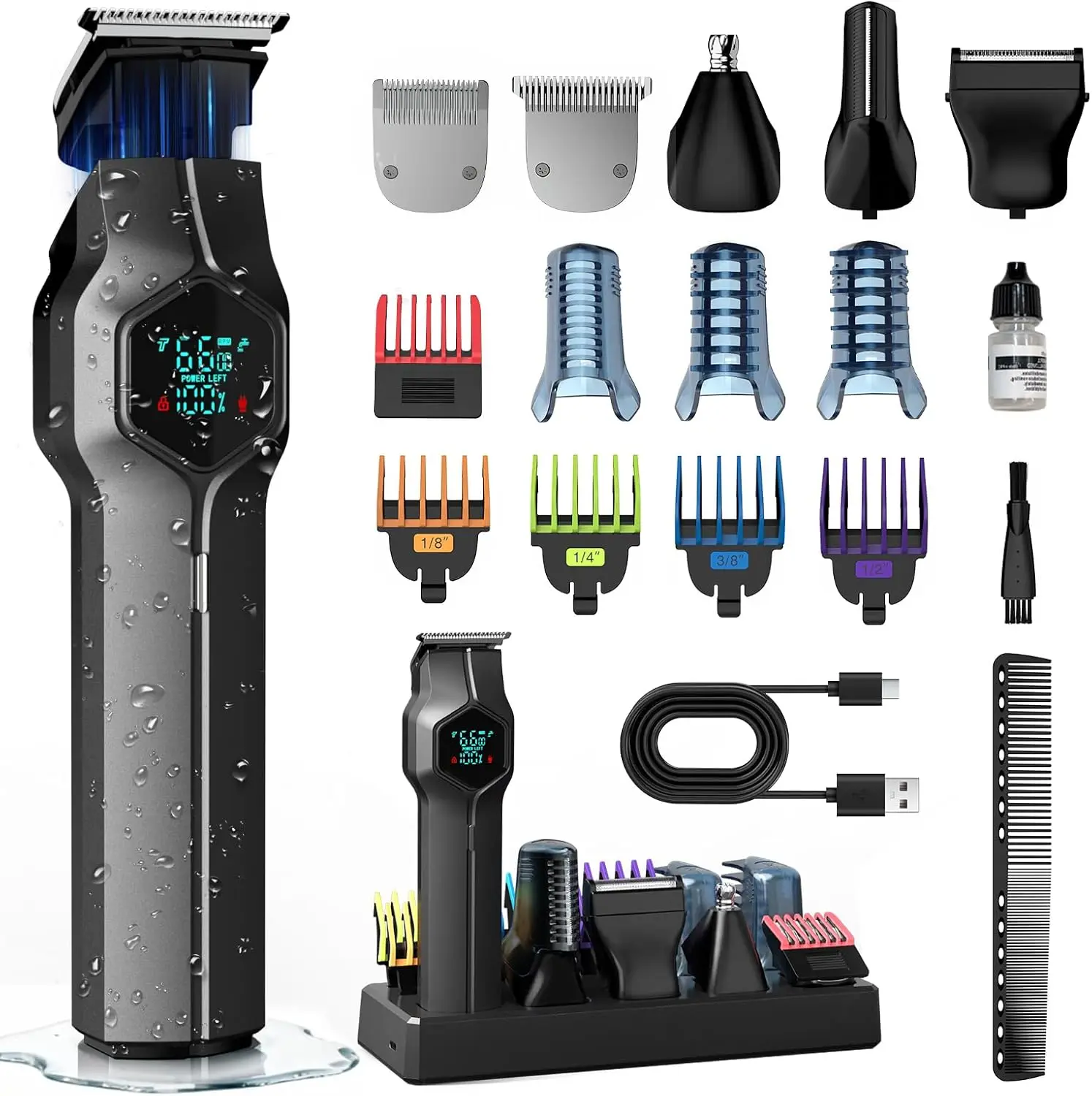 

Men's Beard Trimmer with Magnetic Heads, IPX7 Waterproof Cordless Clipper for Mustache Body Face Ear Nose Grooming Kit Gray