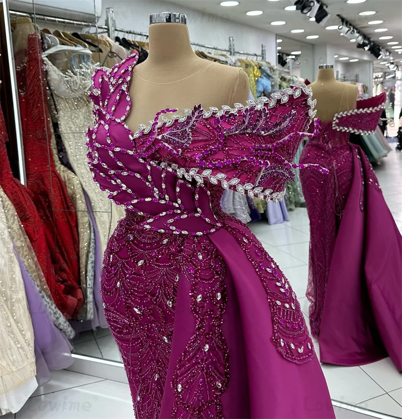 Gorgeous Purple Mermaid Prom Dresses 2025 Aso Ebi Beaded Crystals Engagement Party Dress Off The Shoulder Arabic Evening Gowns