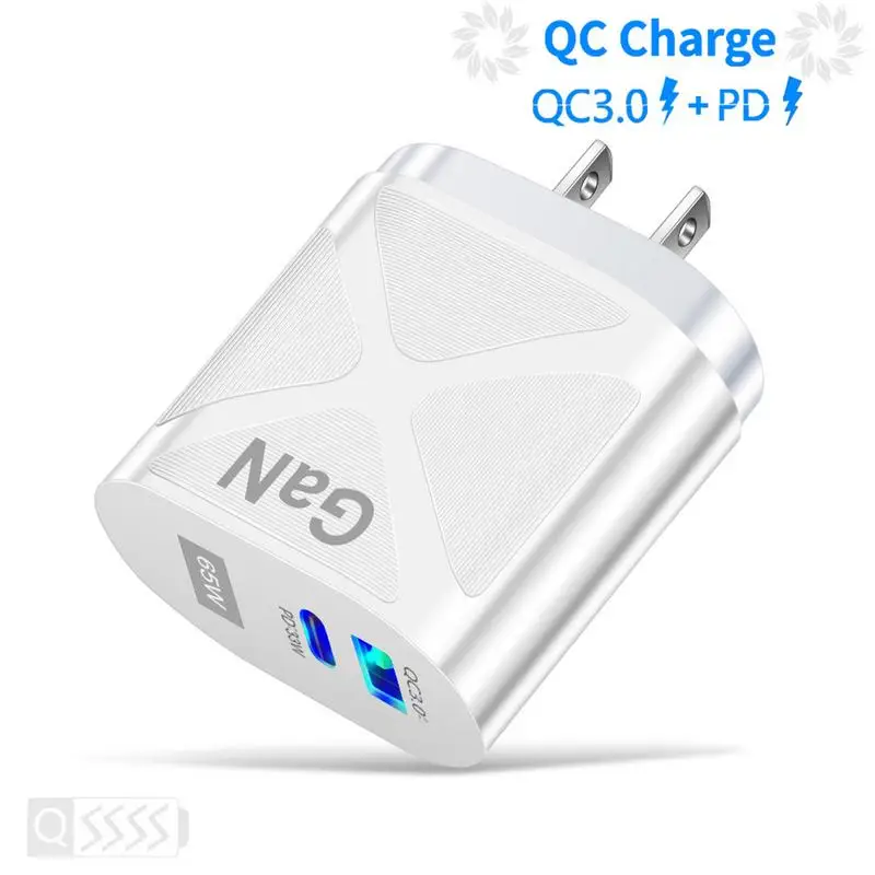 Wall Charger 65W 65-Watt Charger Block QC3.0 Universal PD Charger 2-Port USB Charger Fast Charging Charger Block For Laptop