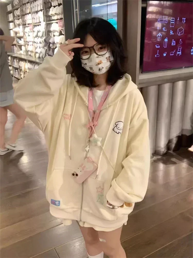 Japanese Fashion Kawaii Zipper Hoodie Women Harajuku Cute Pink Embroidery Oversized Hooded Sweatshirt  Winter 2024