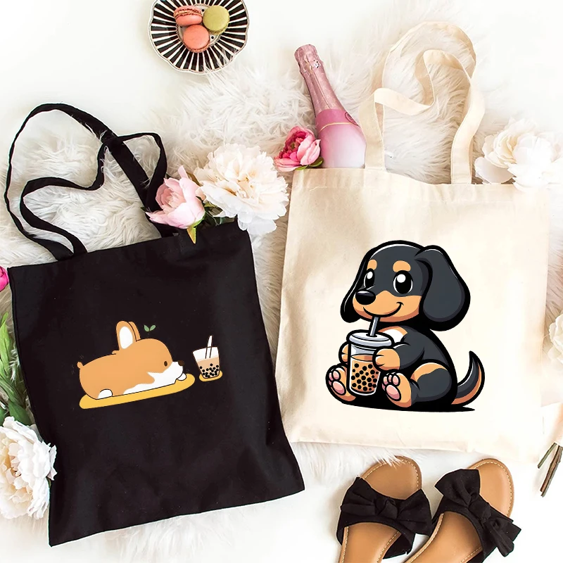 Płócienna torba z grubej bawełny dla kobiet Cute Dog Boba Tea Handbag Harajuku Animal Shopper Bags Cartoon Graphic Aesthetic Female Shoulder Bag