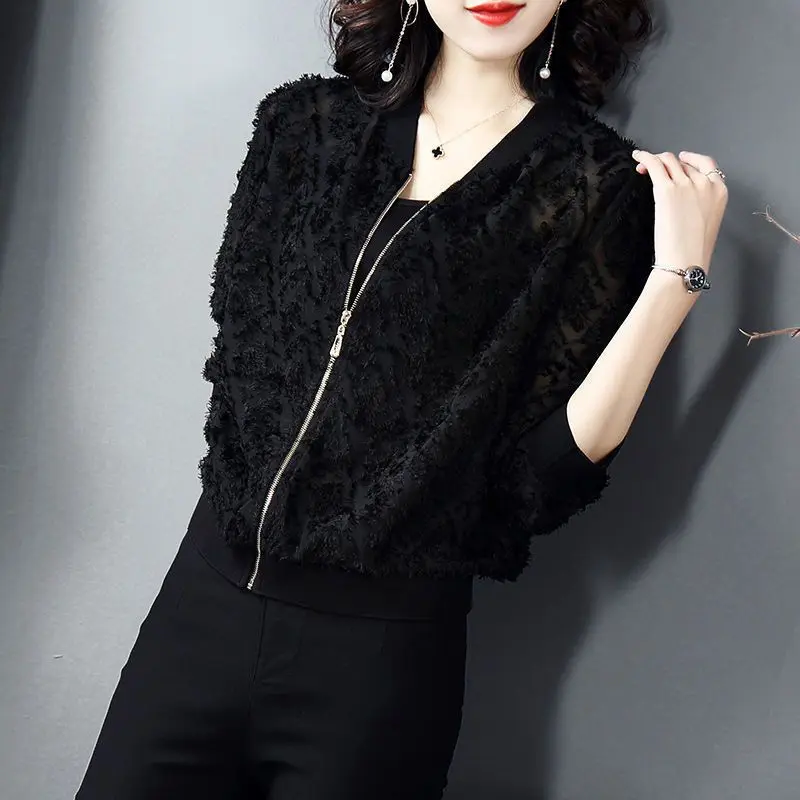 

Women's Spring Autumn Loose Fit Fashionable Thin Long Sleeve Flocked Baseball Jacket Trendy Korean Style Casual Outerwear