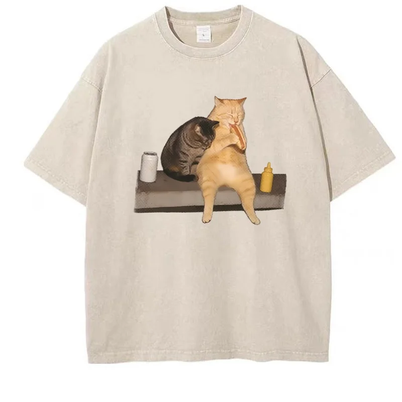 Cat Eating Hot Dog T Shirt Funny Vintage Washed Cat Comfort Tee Cat Mom Dad Gift Oversized Cotton Short Sleeve Clothing Tops