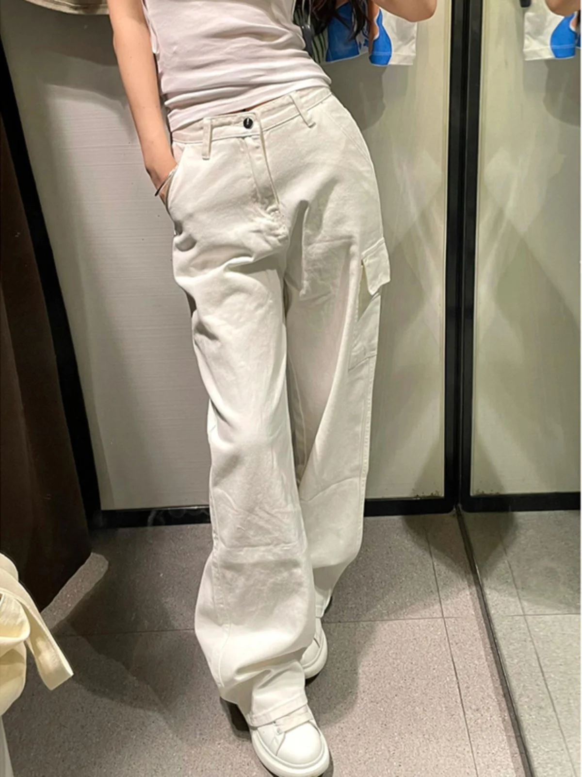 

Широкие брюки для спецодежды с высокой талией, женские длинные драпированные брюки длиной до пола, утягивающие белые джинсовые брюки для высоких девочек