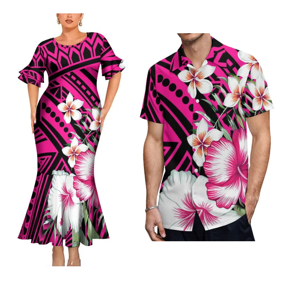 Vestido de noche con manga de pétalo para mujer, vestido de cola de pez a la moda de Fiji y camisa de bolsillo para hombre, conjunto de pareja, Isla Polinesia de Samoa