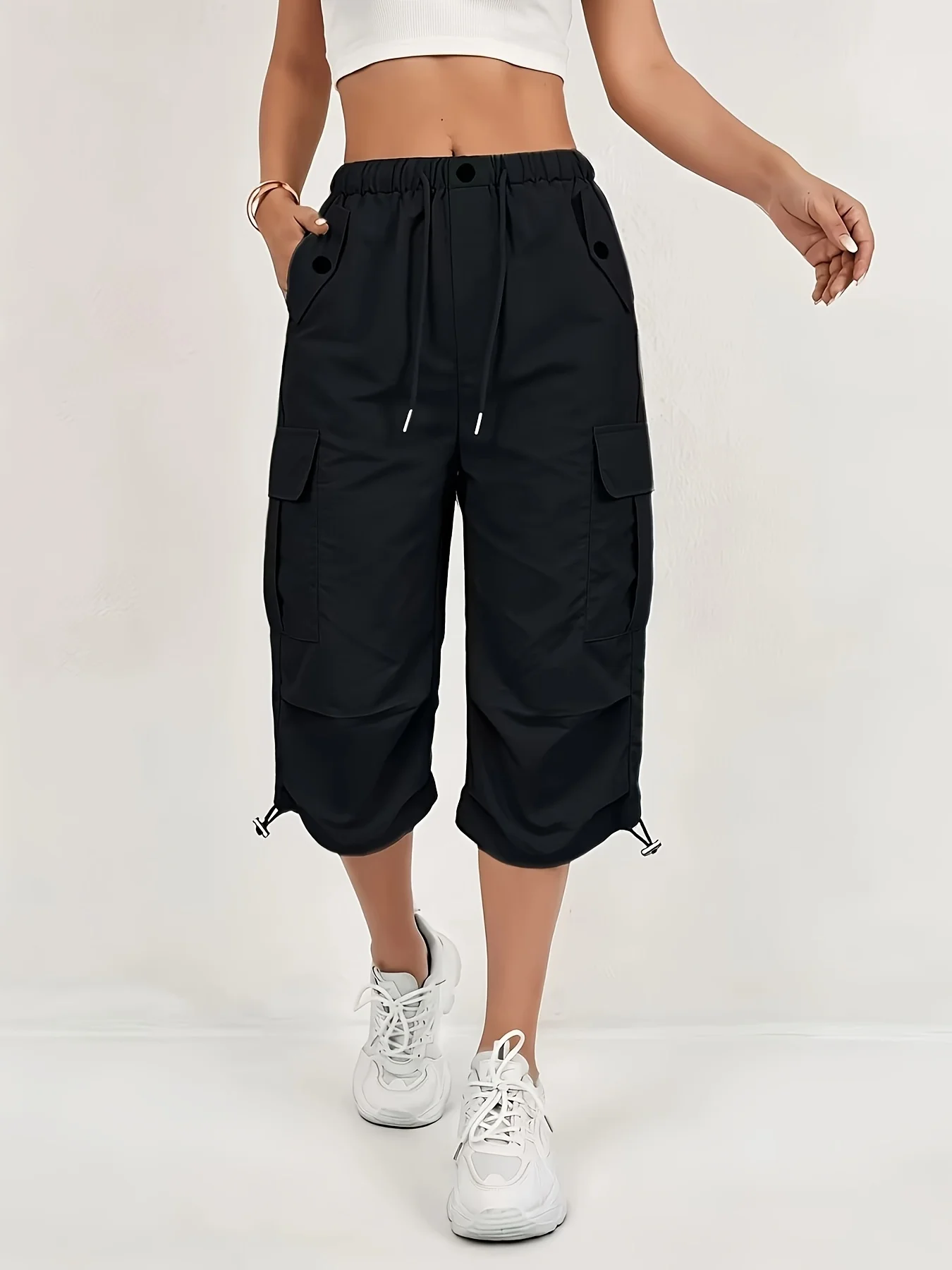 Women's Quick-Dry Cargo Capri Pants with Elastic Waist & Drawstring - Lightweight Stretch Suitable for - Outdoor Pants, Multi- Trousers, Machine Washable Loose-Fit Mid-Length for, Travel, Casual Attire