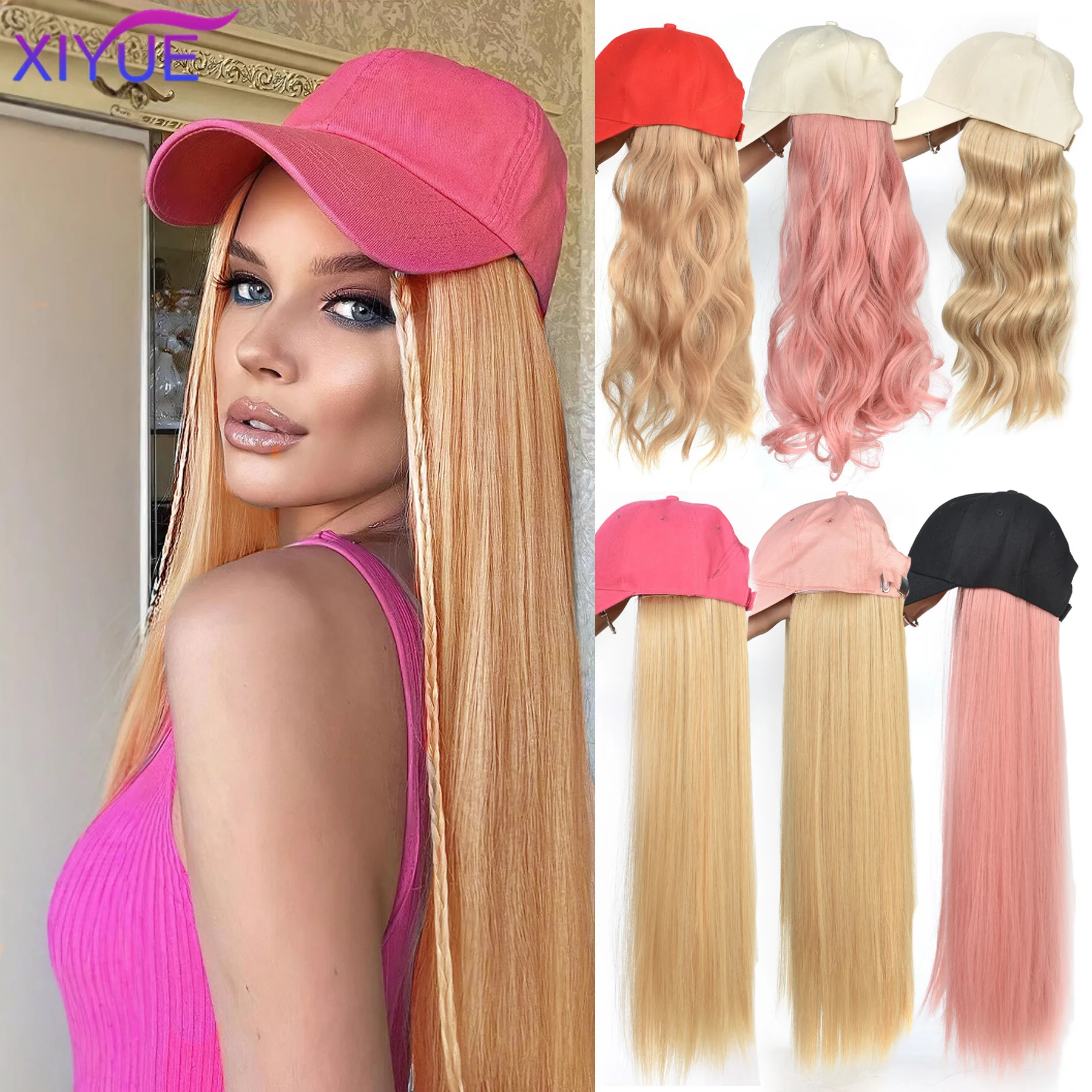 XIYUE Hat Wig for Women Long Wave Baseball Cap Wig with Wavy Hair Extensions Synthetic Wavy Wig Hat Wig Adjustable For Women ﻿