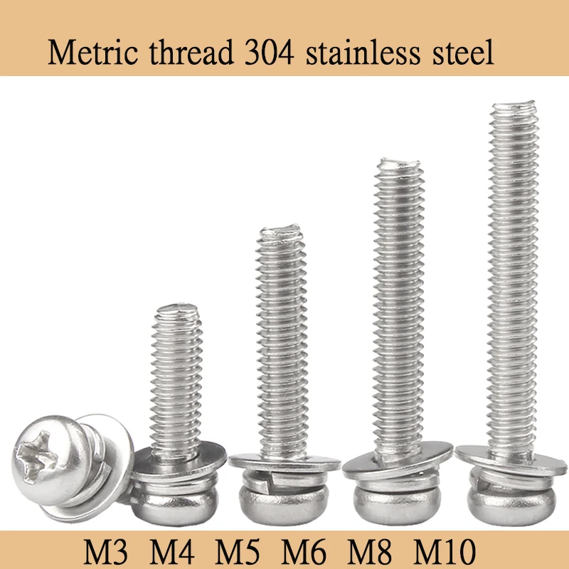 M3 M4 M5 M6 M8 M10 Metric Thread 304 Stainless Steel Phillips Pan Head Three Combination Screw Three Sem Screws With Washer