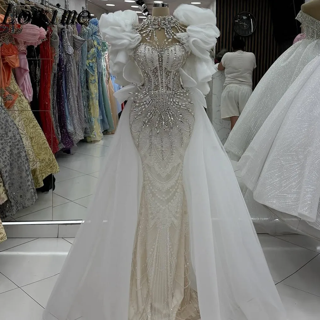 

Fashion White Mermaid Evening Dress with Ruffles Beads High Neck Crystals Flower Backless Long Sleeves for Prom Party Gowns