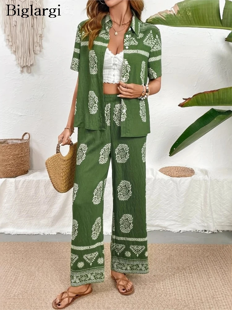 

Summer Floral Print 2 Two Piece Set Women Casual Fashion Ladies Shirts Wide Leg Loose Woman Elastic High Waist Long Pant