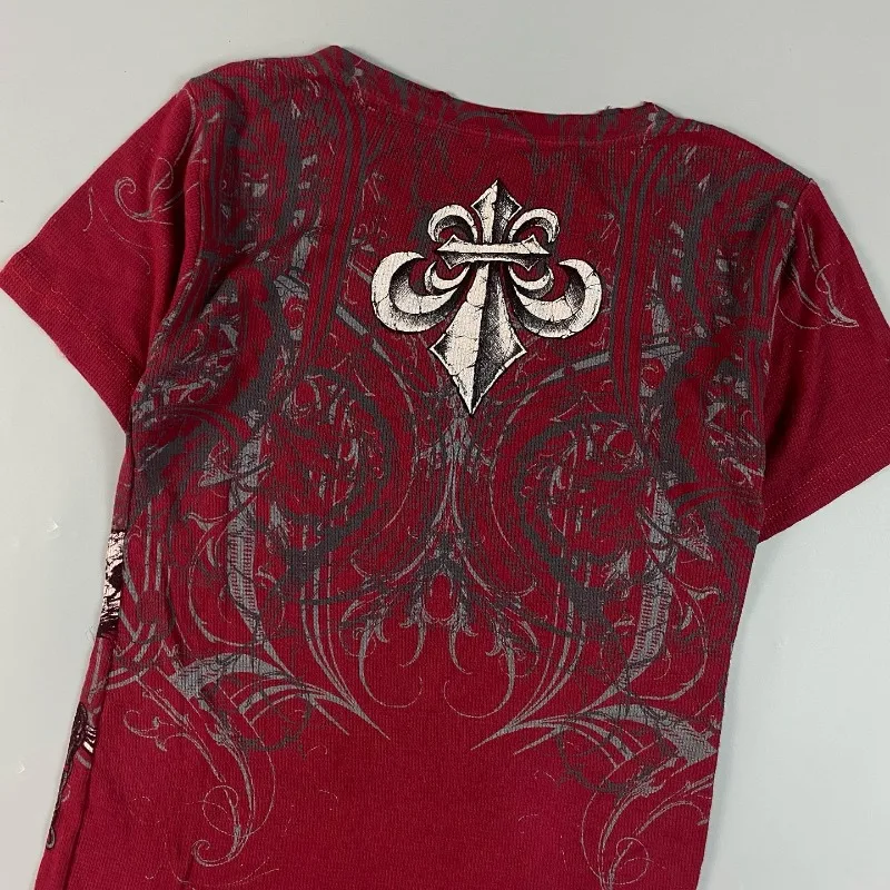 Retro 2000s Red Sustainable Cotton Men's T Shirt Affliction Double Eagle Chain American Couple High Street T-Shirt