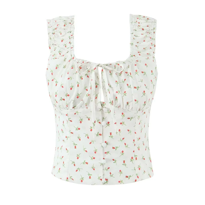 French Style Sweet Floral Print Summer Tank Top For Pretty Girl 2026 Vacation Slim Crop Top