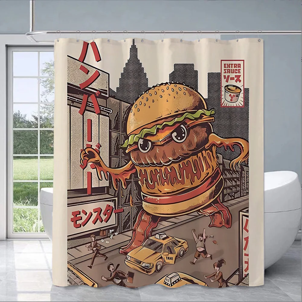 Cortina de ducha de hamburguesa de Sushi de Anime Retro japonés, tela de poliéster impermeable, cortinas de baño, decoración del hogar, cortina de baño con gancho