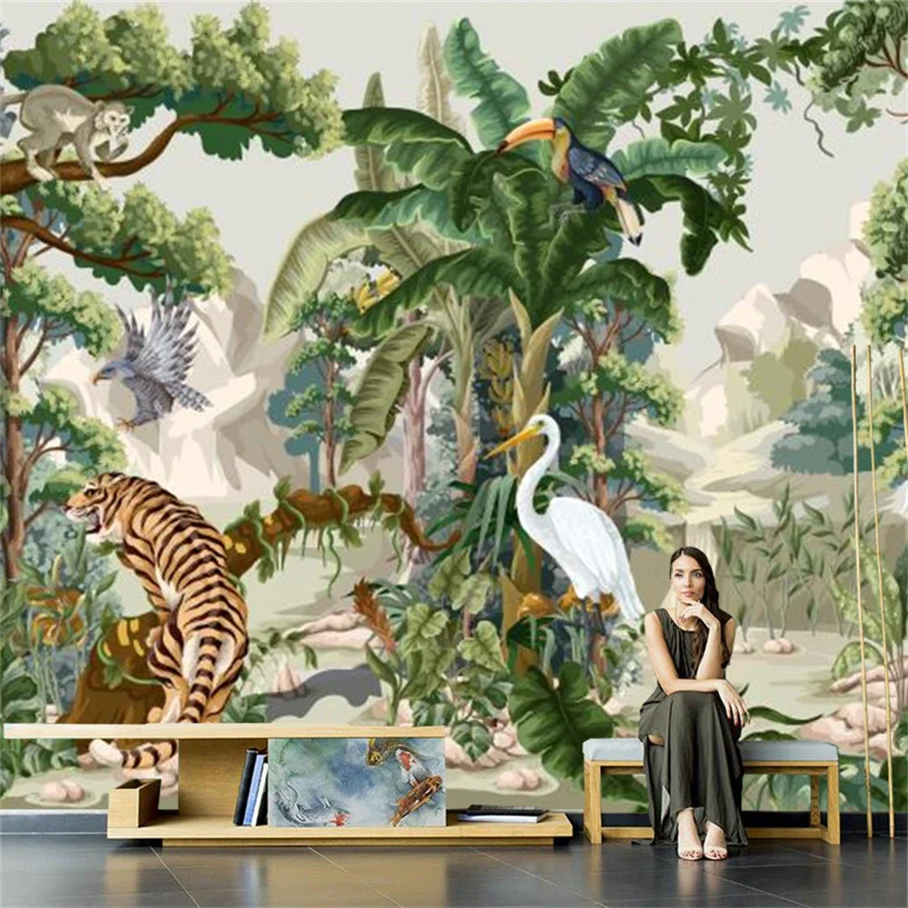 Custom Southeast Asia art wallpaper tropical rainforest plant restaurant mural tiger monkey background 3D wall paper living room