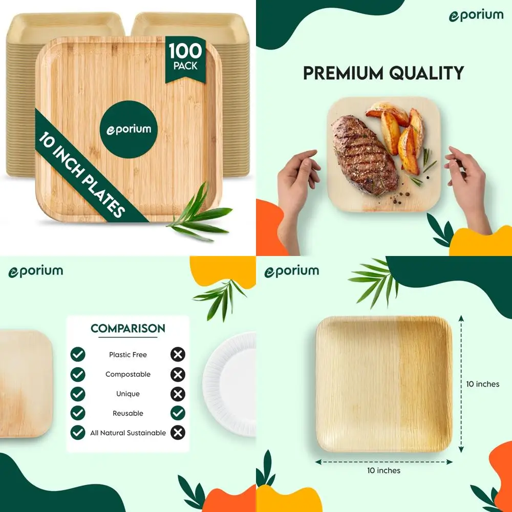 

Eco-Friendly Compostable 10 Inch Square Palm Leaf Plates - 100 Pack Premium Disposable Dinnerware for Sustainable Living