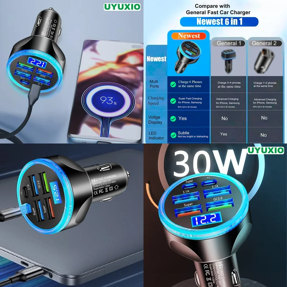 6 Ports LED Digital Display Car Charger Smart IC Chip Fast Charging Super Fast PD 30W Plug for iPhone 17 16 15 14 Pro Max Plus