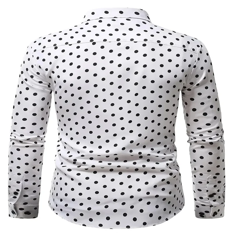 2024 Summer Men\'s Button Up Shirt Black and White Long Sleeve Collar Polka Dots for Daily Use Pretending Fashion, Leisure, and