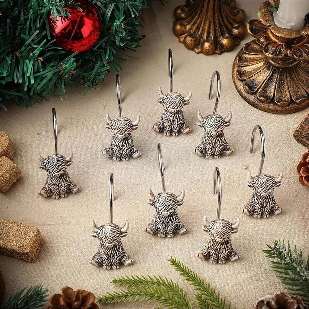 11·11COUPON 12-Piece Highland Cow Shower Curtain Hooks, Farmhouse Rustic Stainless Steel Decorative Shower Hangers Rings