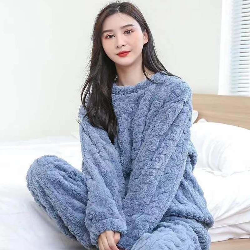 

Autumn Women Solid Warm 2 Piece Sets Fashion Thicken Velvet Ribbed Fleece Set Pullover and Pants Women Casual Pajama Sets