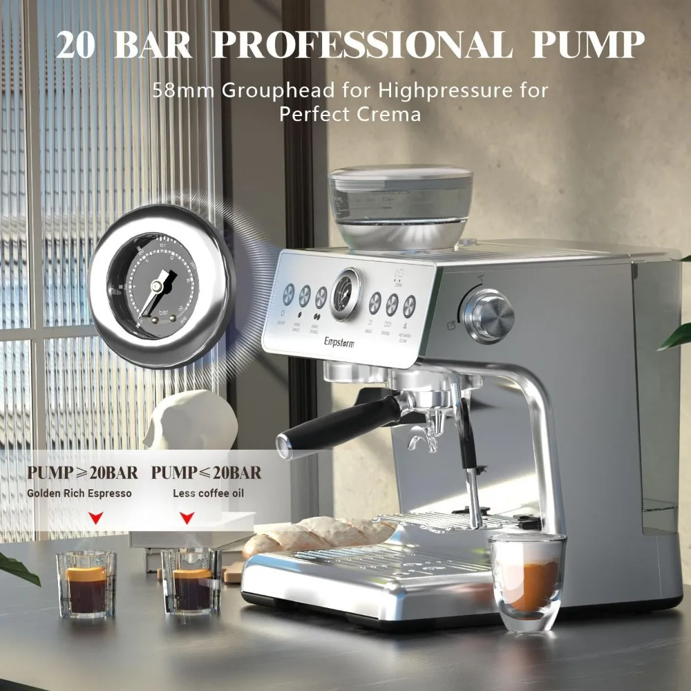 Machine with Grinder, 20 Bar Semi Automatic Espresso Coffee Maker with Milk Frother for Home Barista Commercial Us