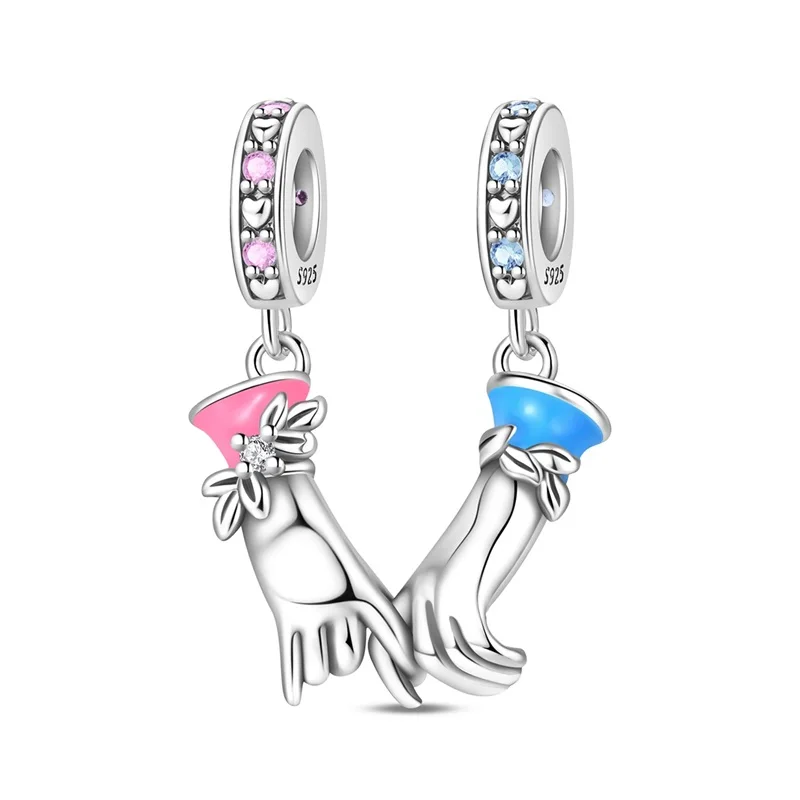 925 Sterling Silver Sweet Couple Holding Hands Charms Beads Shining Zircon Dangle Fit Original Bracelet DIY Women Jewelry