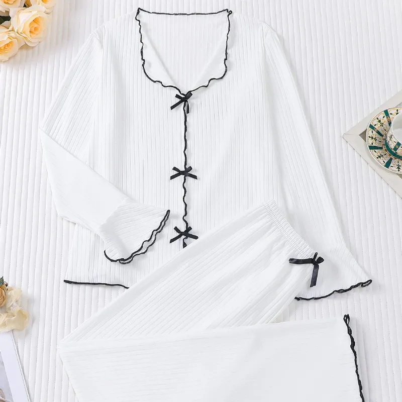 Stylish Breathable Women‘s Soft Cotton Pajama Set, Long Sleeve & Long Pants Relaxed Fit, Versatile Lightweight All-Season Home L
