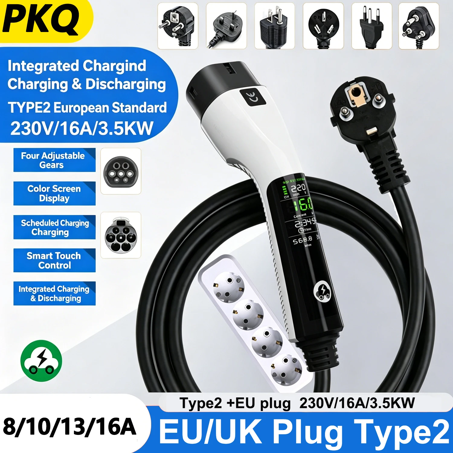 PKQ 3.5KW 16A Portable EV Charger with 5M/10M Cable IEC62196 TYPE2 EVSE EU Plug Safe Charging for Electric Vehicles