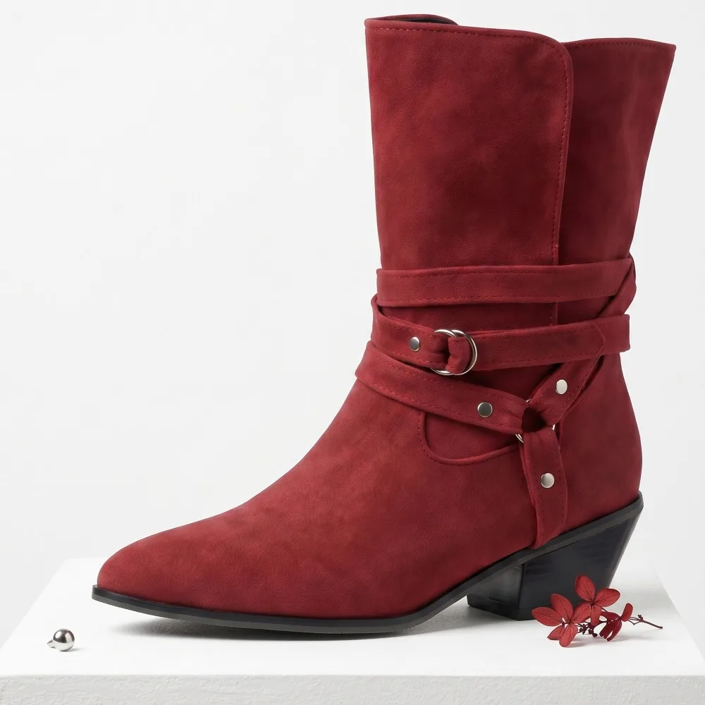 2027 Plus Size Retro Mid Heel Ankle Boots, Flock Slip-On Booties with Ankle Wrap Thin Strap, Autumn New Arrival