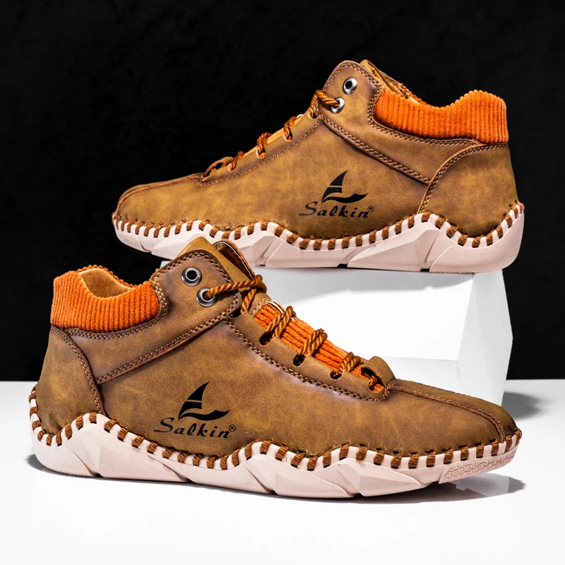 Brand Fashion Leather Men Boots Handmade Plus Size Ankle Boots Outdoor Autumn Men\'s Boots Soft Comfortable Men Casual Sneakers