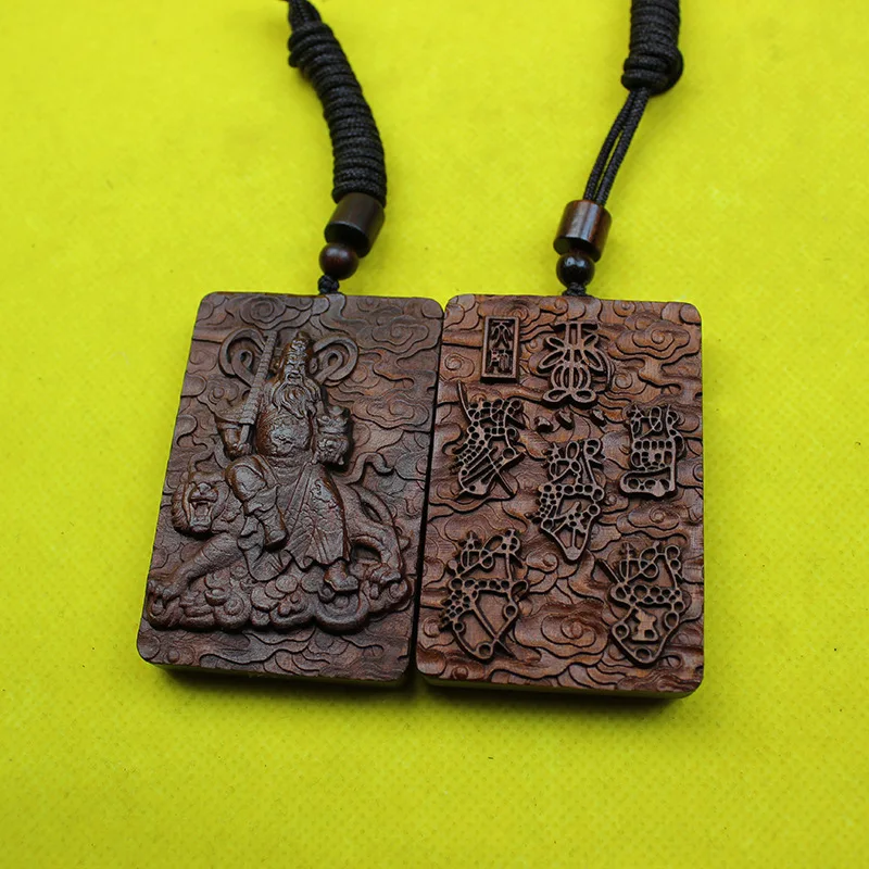 Chinese Style Thunder Struck Jujube Wood Double Sided Carved Zhao Gongming Wealth God Lucky Blessing Amulet Peace Tag Necklace